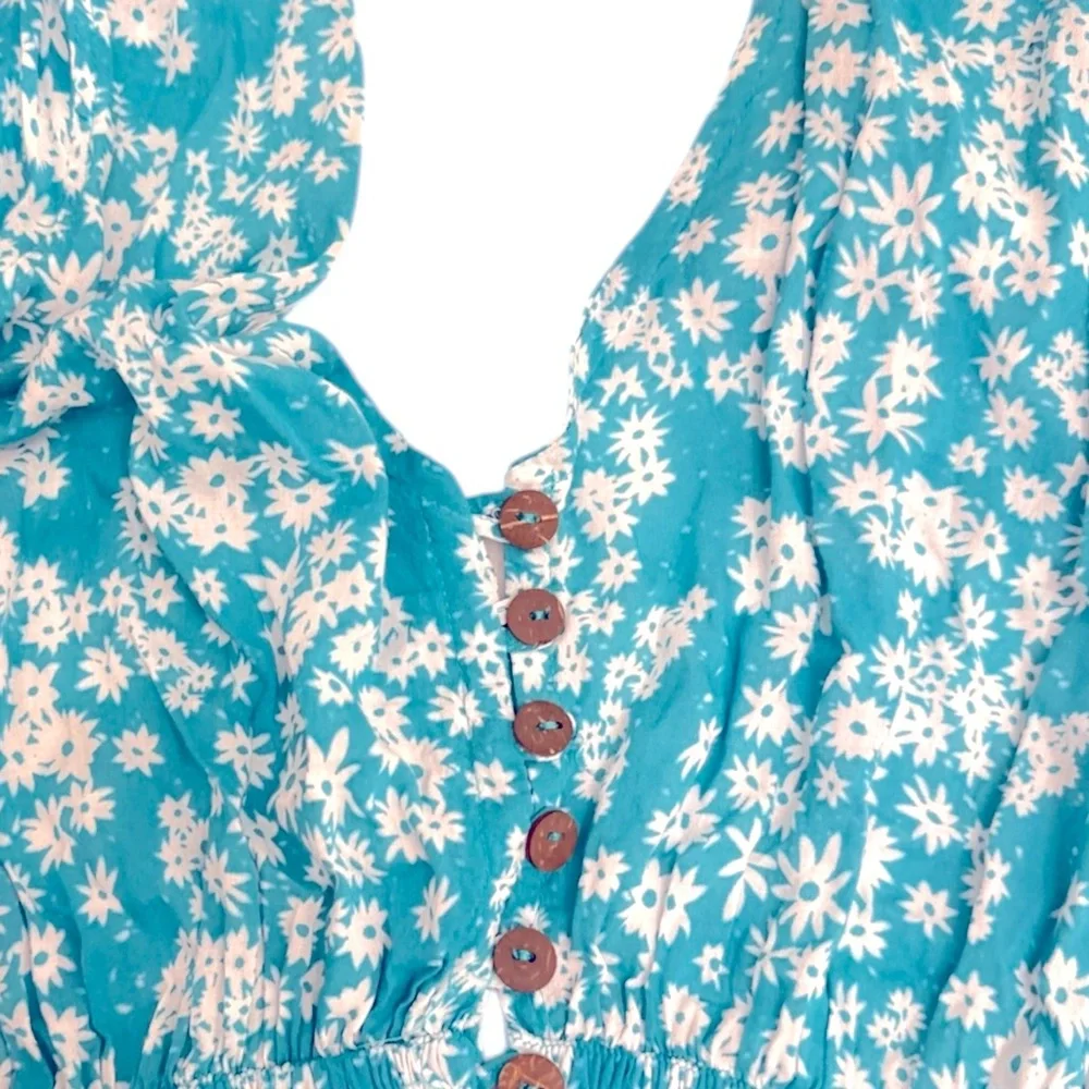 Tiare Hawaii Teal Floral Button Front Maxi Dress Ruffle Sleeve S/M NWOT